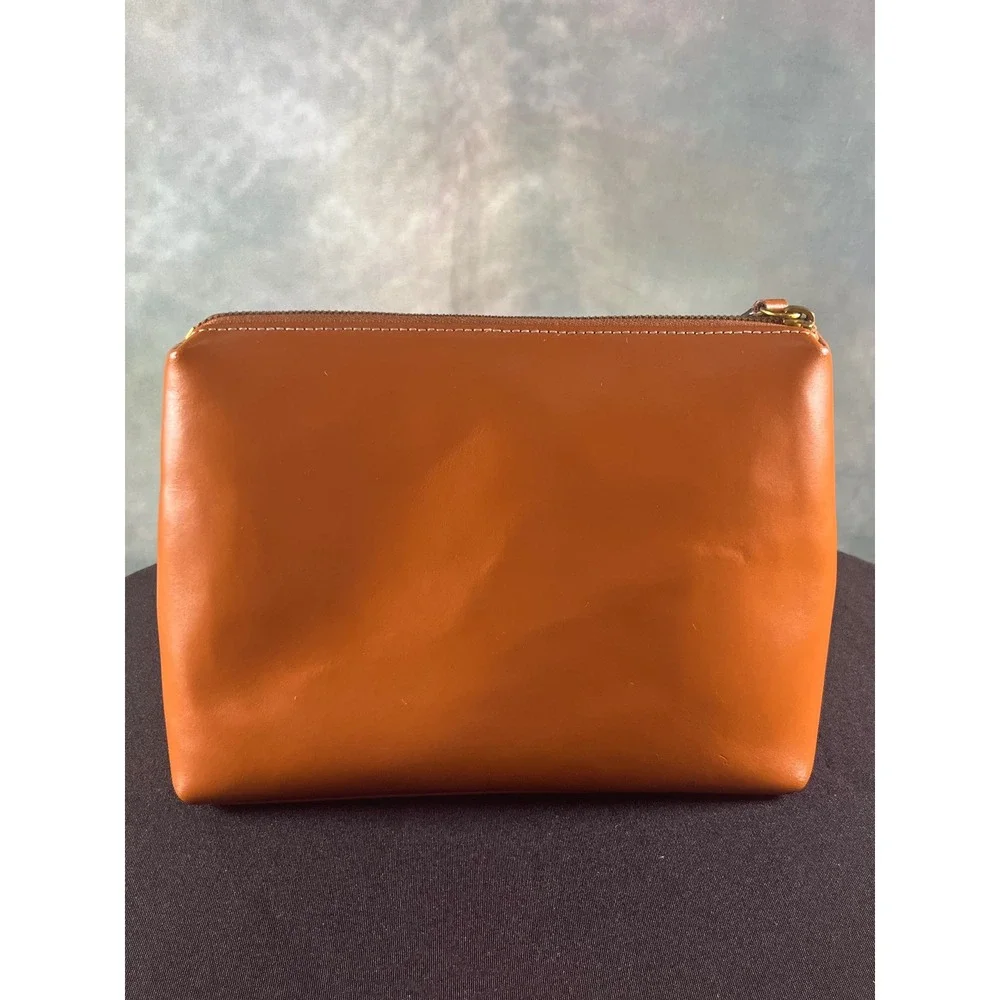 Staud Shirley Tan Leather Toiletry Pouch Zip‎ Top Gold Tone Hardware